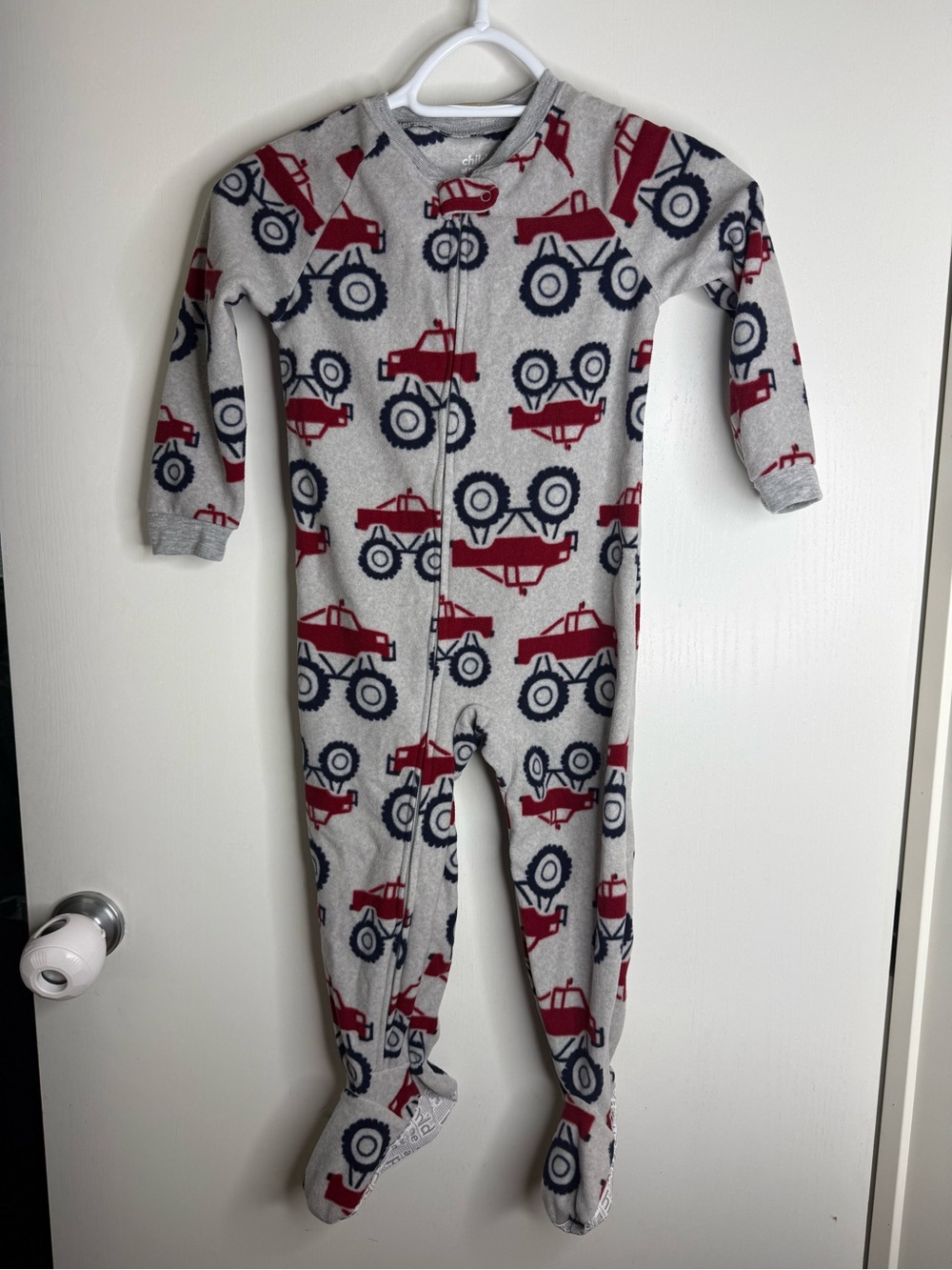 ⭐️5 for $20⭐️ Kids Gray Fleece One-Piece Pajamas with Red Monster Truck Print 4T